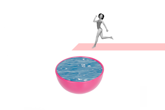 Composite photo collage of happy girl run jump bowl water pool summer atmosphere travel swim hobby isolated on painted background