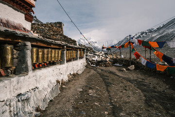 Rongbuk Monastery, the highest monastery in the world, near Mount Everest in Tibet. Ancient Buddhist site with prayer flags and snowy Himalayan peaks in the background