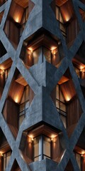 Modern Geometric Facade with Interlocking Concrete and Warm Wood Interiors