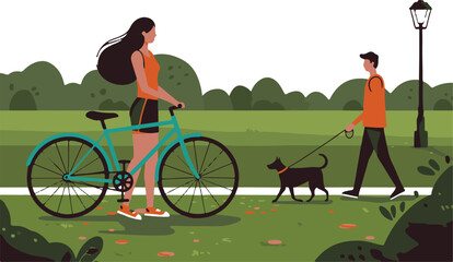 Couple in park with bicycle and dog, green trees and distant hills