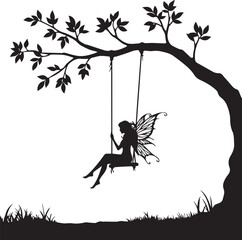 Fairy Silhouette on Swing with Grass Detail tree branches
