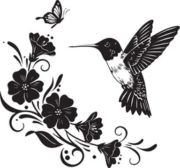 Hummingbird and Butterfly with Floral Swirls Silhouette