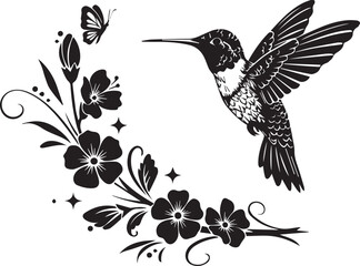 Hummingbird and Butterfly with Floral Swirls and Stars Silhouette
