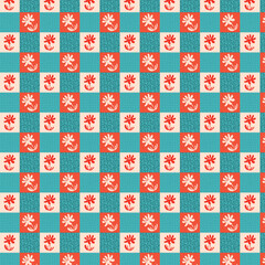 Vibrant retro seamless floral pattern with stylized blossoms and textured squares. A cheerful design in teal and coral, perfect for modern graphic art, backgrounds, and textile work