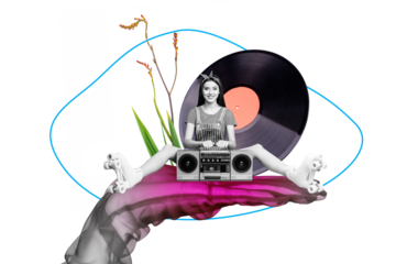 Composite photo collage of happy girl hold boombox player vinyl disk wear roller skate flower bloom hand isolated on painted background