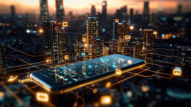 Smartphone displaying cityscape at dusk with digital icons