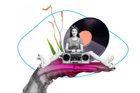 Composite photo collage of happy girl hold boombox player vinyl disk wear roller skate flower bloom hand isolated on painted background