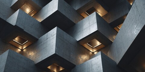 Brutalist geometric concrete blocks with glowing square light accents and deep shadows.