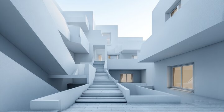 Clean minimalist white geometric architecture with a sculptural outdoor staircase.