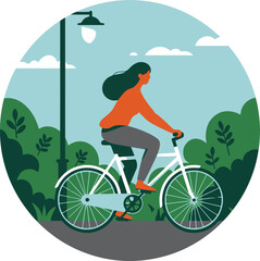 Woman cycling through park with trees and lamppost