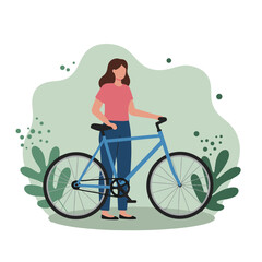 Woman with blue bicycle on abstract green background