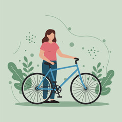 Woman with blue bicycle on light green background standing