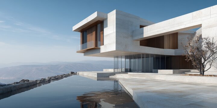 Modern geometric luxury house with infinity pool overlooking scenic mountains.