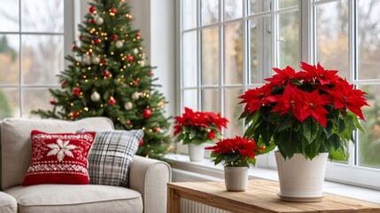 Poinsettia plants decorating cozy christmas living room
