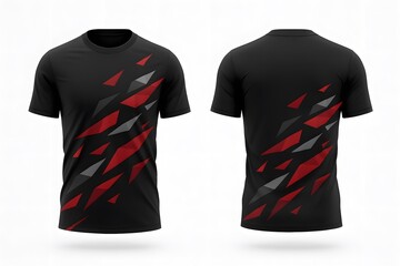 Black and Red Geometric Pattern Sports Jersey Front and Back View, Dynamic Athletic Teamwear Design with Abstract Shards and Modern Style