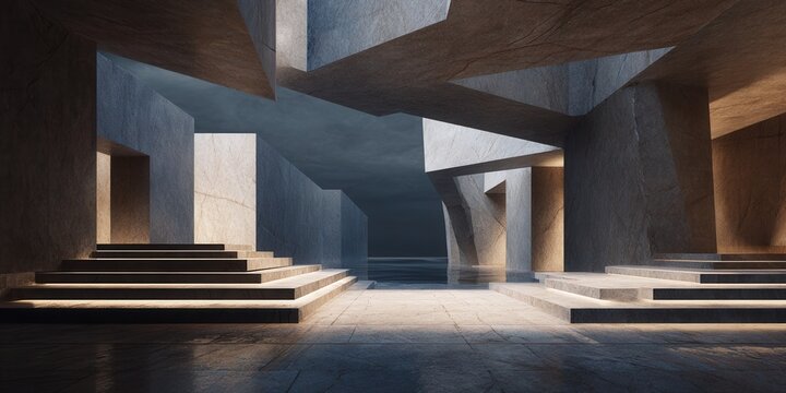 Abstract geometric architecture with dramatic lighting and ethereal water reflection.