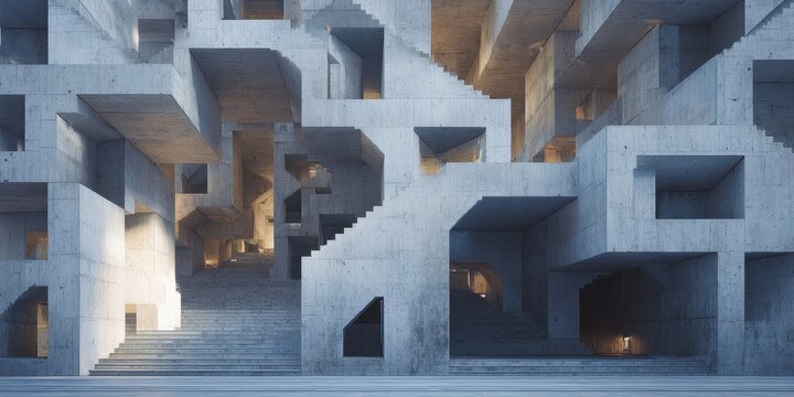 Abstract concrete labyrinth with intricate stairs and warm light, modern geometric architecture.