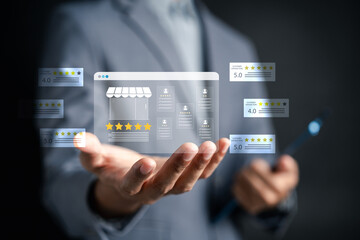 Franchise store customer review and feedback star rating. online reputation, business credibility, customer satisfaction, and brand trust management in digital commerce.