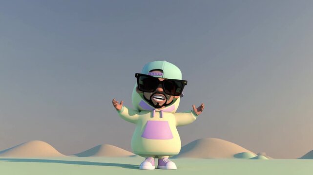 lPersonnage cartoon en surv&ecirc;tement pastel faisant un signe de victoire