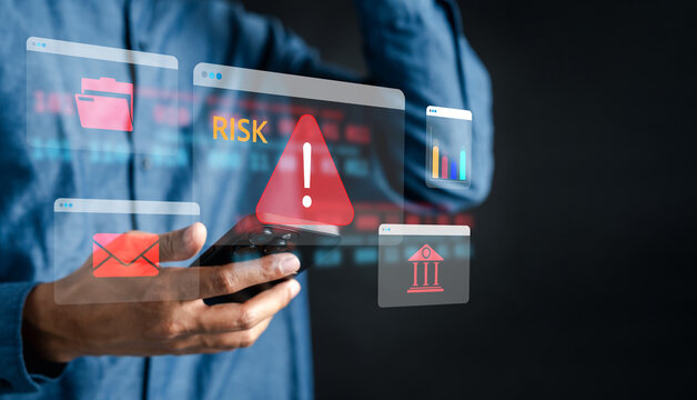 Financial risk and cybersecurity with red warning, risk alert message, and digital banking fraud, data breach, and online threats.