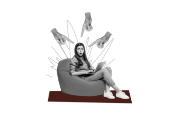 Composite photo collage of astonished scared girl sit beanbag type laptop hands point blame cyberbully isolated on painted background