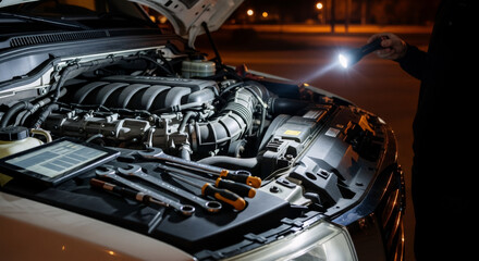 Car maintenance at night with tools and flashlight under hood. Car engine inspection using flashlight and tools in dark garage. Essential car maintenance for automotive professionals.
