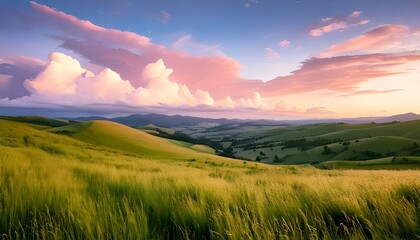 View of a stretch of green grass with a sunset sky with white, slightly pink clouds