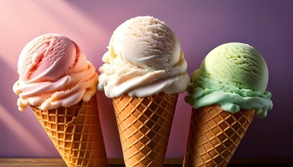 Three ice cream cones with strawberry, vanilla and mint flavors on a pink background and a silhouette of the sun