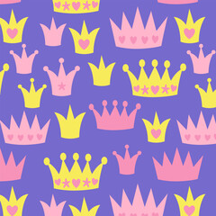 Seamless vector pattern with pink and yellow princess crowns on a bright background. Cute childlike fairytale design perfect for kids’ textiles, gift wrap, party decor, and stationery.