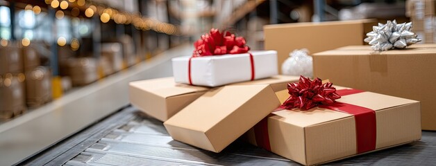 Colorful wrapped gifts on a conveyor belt in a bustling warehouse during the holiday season with soft lighting and numerous packages in the background