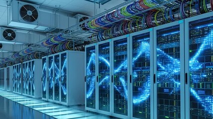 Modern data center running server racks with illuminated technology and data flow - Powered by Adobe