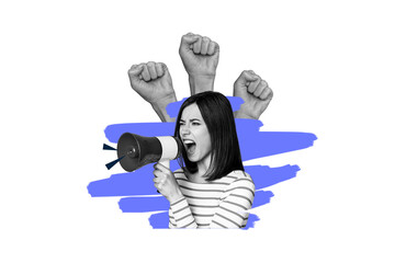 Composite photo collage of angry girl hold megaphone fist gesture crowd rebellion strike activist vote isolated on painted background