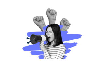 Composite photo collage of angry girl hold megaphone fist gesture crowd rebellion strike activist vote isolated on painted background