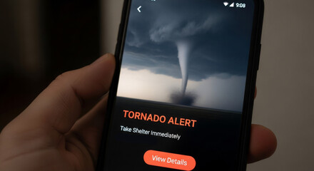Tornado alert displayed on smartphone with emergency instructions for shelter. Tornado warning obscures user experience while alarming storm imagery highlights urgency.