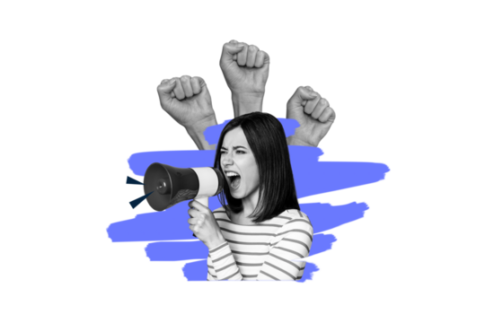 Composite photo collage of angry girl hold megaphone fist gesture crowd rebellion strike activist vote isolated on painted background