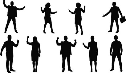 Obraz premium Business people silhouette vector, professional team poses, corporate communication, leadership gesture, teamwork concept, office attire, business presentation, executive interaction