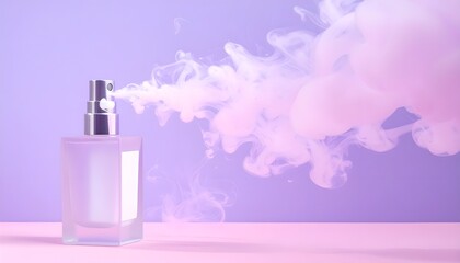 A lilac colored glass perfume bottle that sprays a fine mist of white with a hint of pink, with a silver cap and nozzle on a purple and pink background.