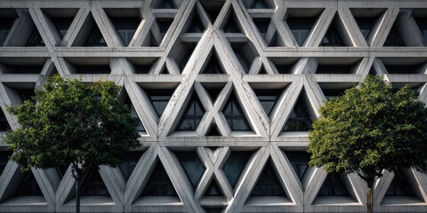 A striking concrete facade with geometric triangular patterns and two green trees.