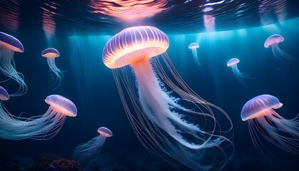 Glowing jellyfish with long tails in the dark blue sea