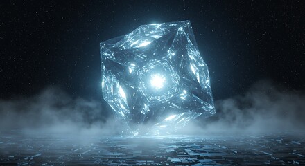 Ethereal alien monolith cube with a glowing energy core floating mysteriously in a cosmic landscape
