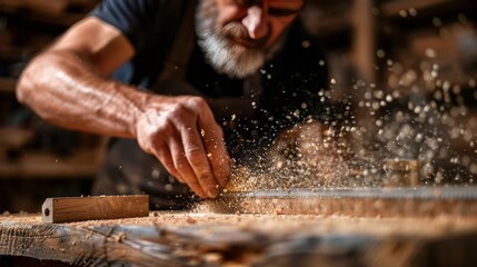A bearded craftsman meticulously works with wood, his experienced hands shaping and smoothing the surface as wood shavings fly through the air, showcasing the artistry and precision of woodworking