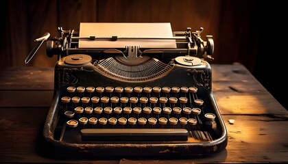 An old typewriter on a worn wooden table with a blank sheet of paper on top of it.