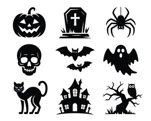Obraz premium Collection of nine crisp black halloween silhouettes vector illustration scalable eps icon set silhouette vector illustration white background