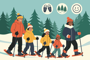 Snowshoe Forest Adventure Vector Banner – Family Snowshoeing Through Winter Pine Forest with Outdoor Recreation and Winter Sports Icon Set