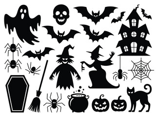 Spooky halloween silhouette collection vector illustration featuring ghosts bats spiders haunted house witches pumpkins and black cat eps scalable icon silhouette vector illustration white background