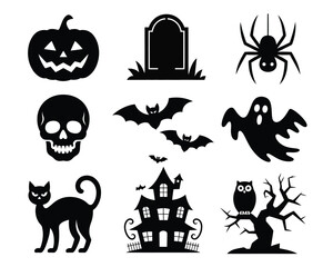 Collection of nine black silhouette halloween icons vector illustration scalable eps decorative elements silhouette vector illustration white background