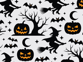 Seamless halloween pattern illustration featuring witches bats pumpkins and spooky trees vector scalable eps icon silhouette vector illustration white background