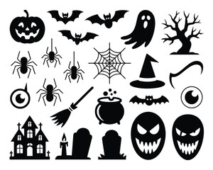 Comprehensive halloween vector graphics collection silhouette elements for spooky themed design projects scalable icon set silhouette vector illustration white background