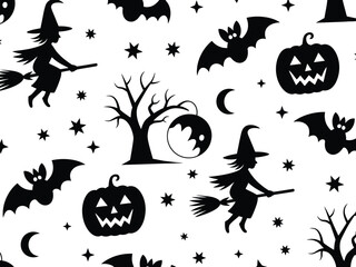 Seamless halloween pattern vector illustration with witches bats pumpkins spooky trees and moon for festive designs silhouette vector illustration white background