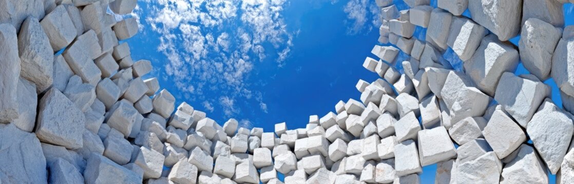 Abstract view of a blue sky through a tunnel of white and blue cubes.